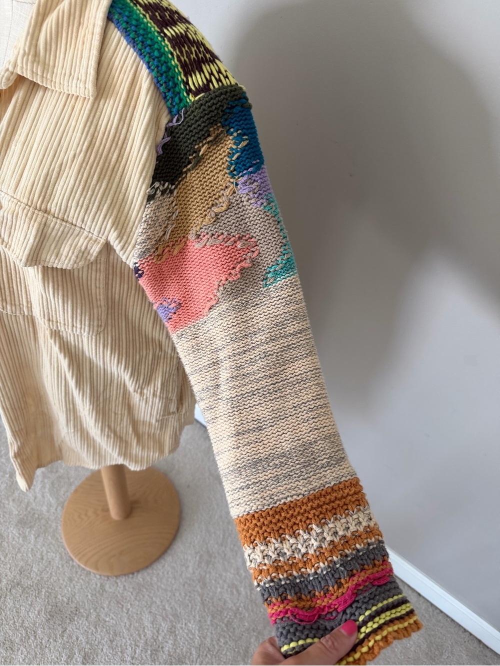 Pilcro Anthropologie Women’s Cream Corduroy Shacket with Multicolor Knit Sleeves